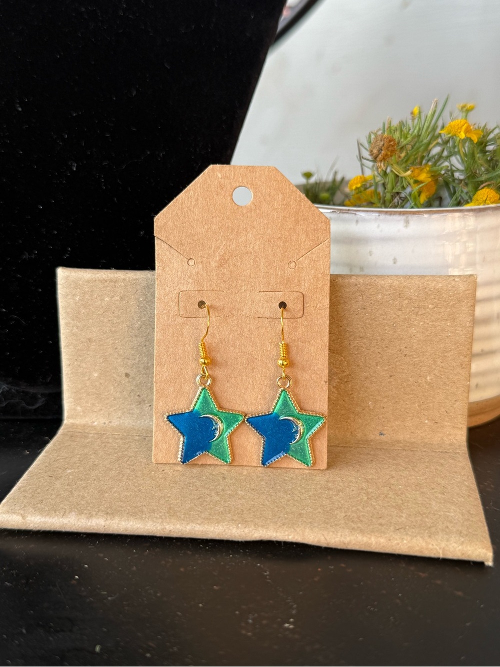 Star Moon Drop Earrings - Blue & Green